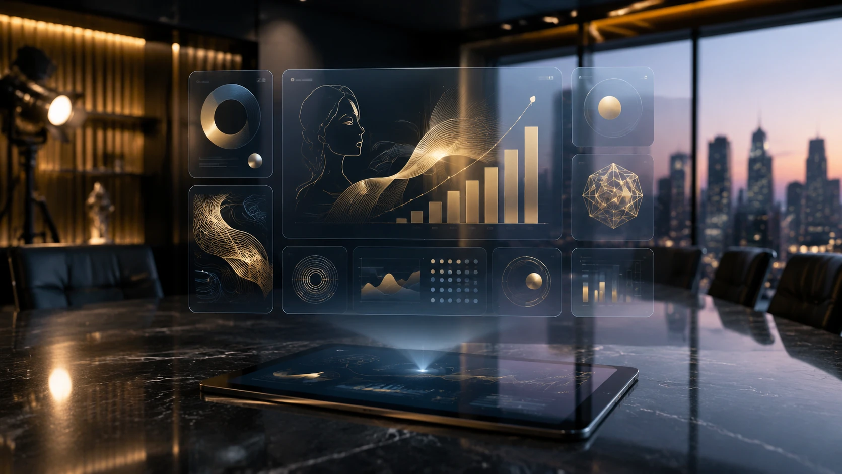A high-end studio boardroom with digital screens displaying a character's risk assessment profile and narrative health metrics.