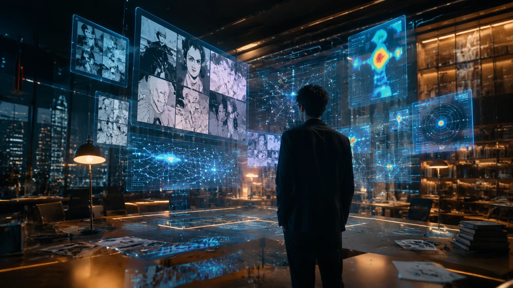 モダンなデジタルニュースルームで、複数のモニターに映し出された複雑な物語のトレンドチャートと、浮遊するマンガのコマ割りパネルを分析する専門家の背後からの光景。
