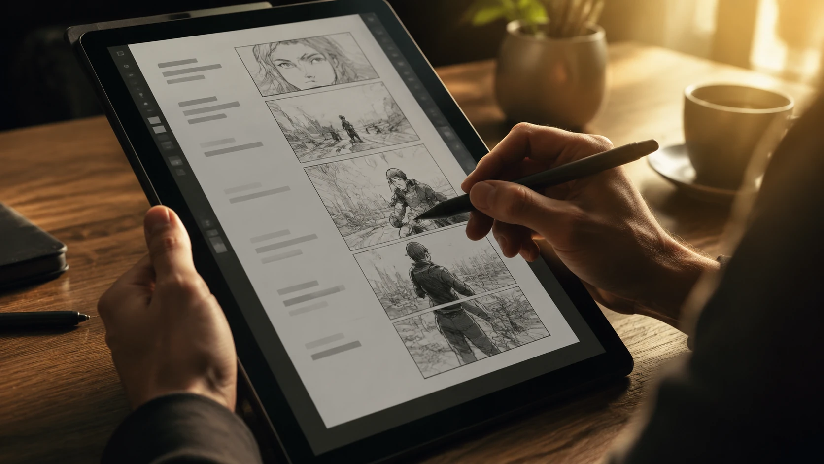A professional creator's desk with a high-end tablet showing vertical script structures and storyboard thumbnails in a warm editorial settin