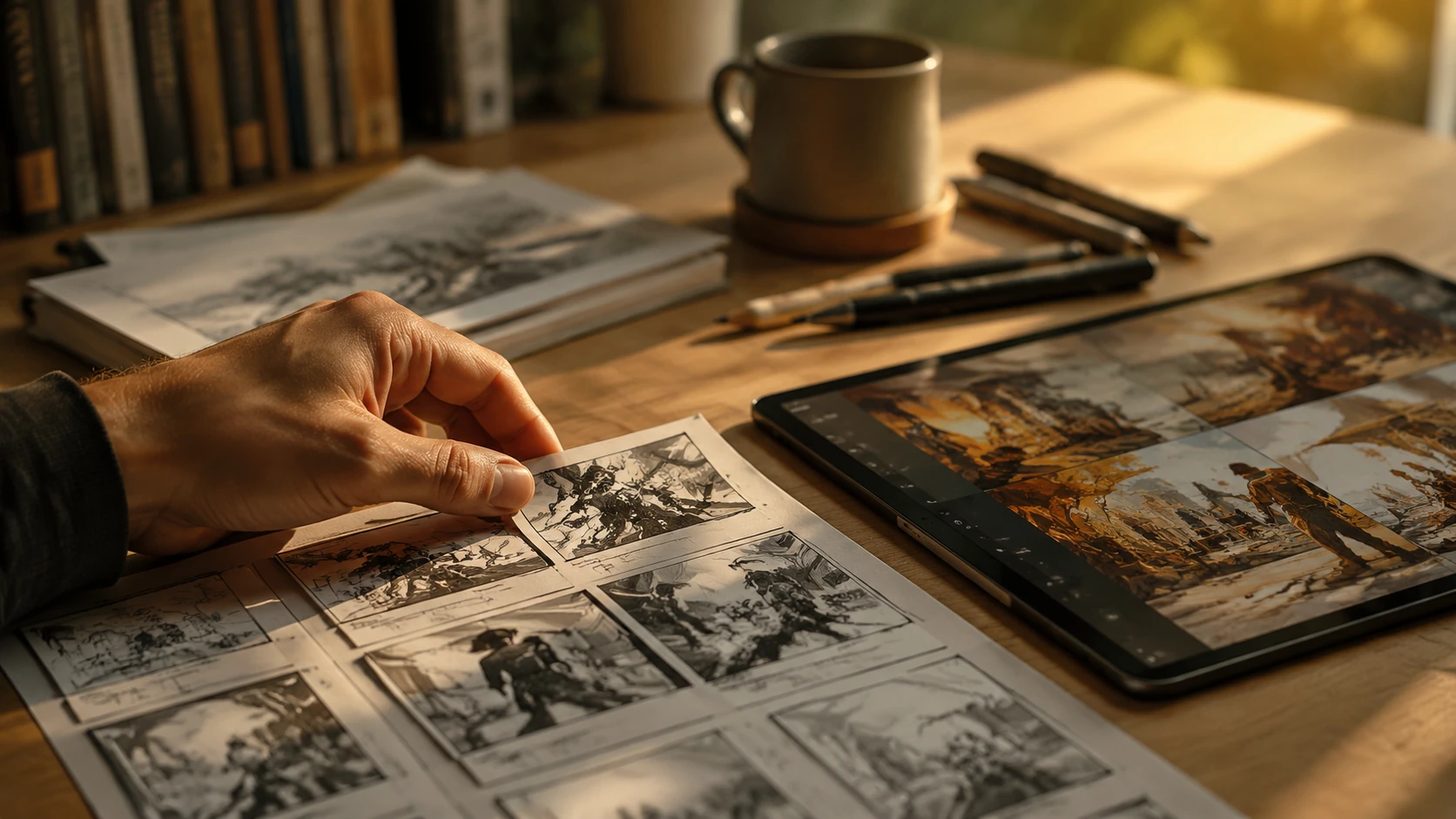 Gros plan cinématographique d'un créateur examinant des vignettes de storyboard sur un bureau propre avec un éclairage éditorial chaleureux.