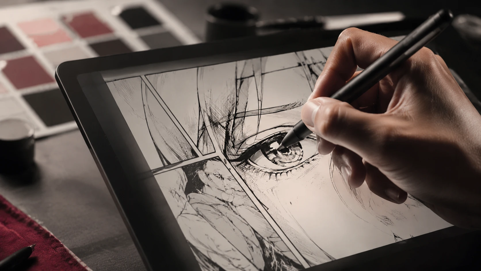 Macro detail of a professional comic artist's hand sketching a wordless, emotive panel with clean lines and subtle shading.