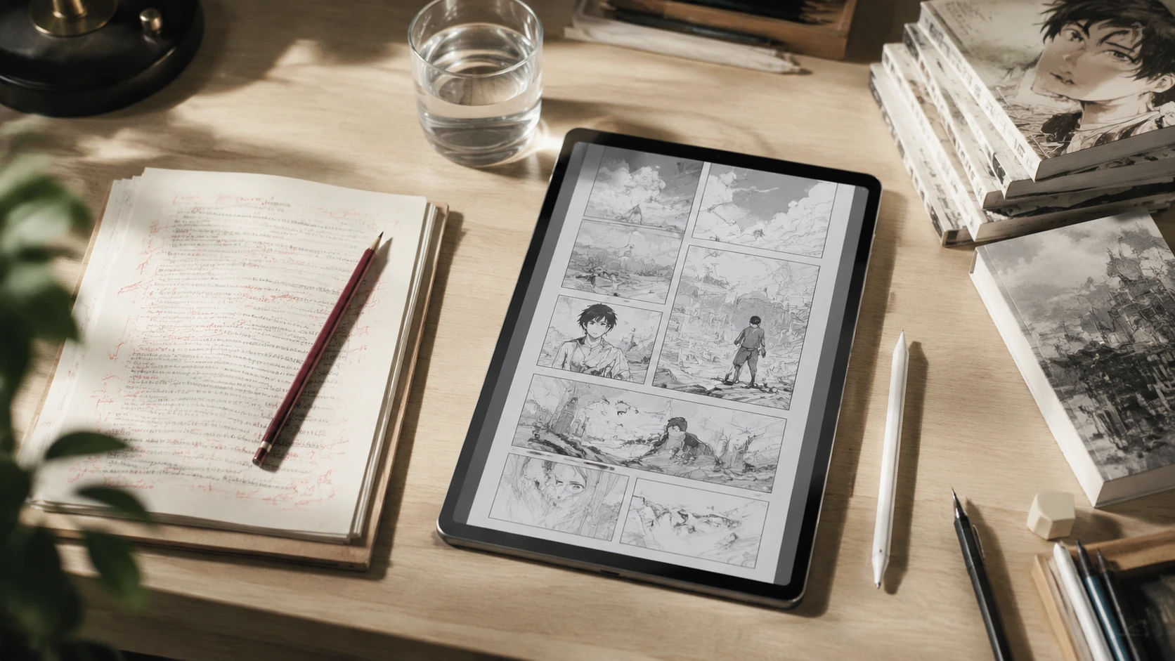 Overhead flat lay of a professional workstation featuring a tablet with a webtoon storyboard, printed novel manuscript with red edits, and e