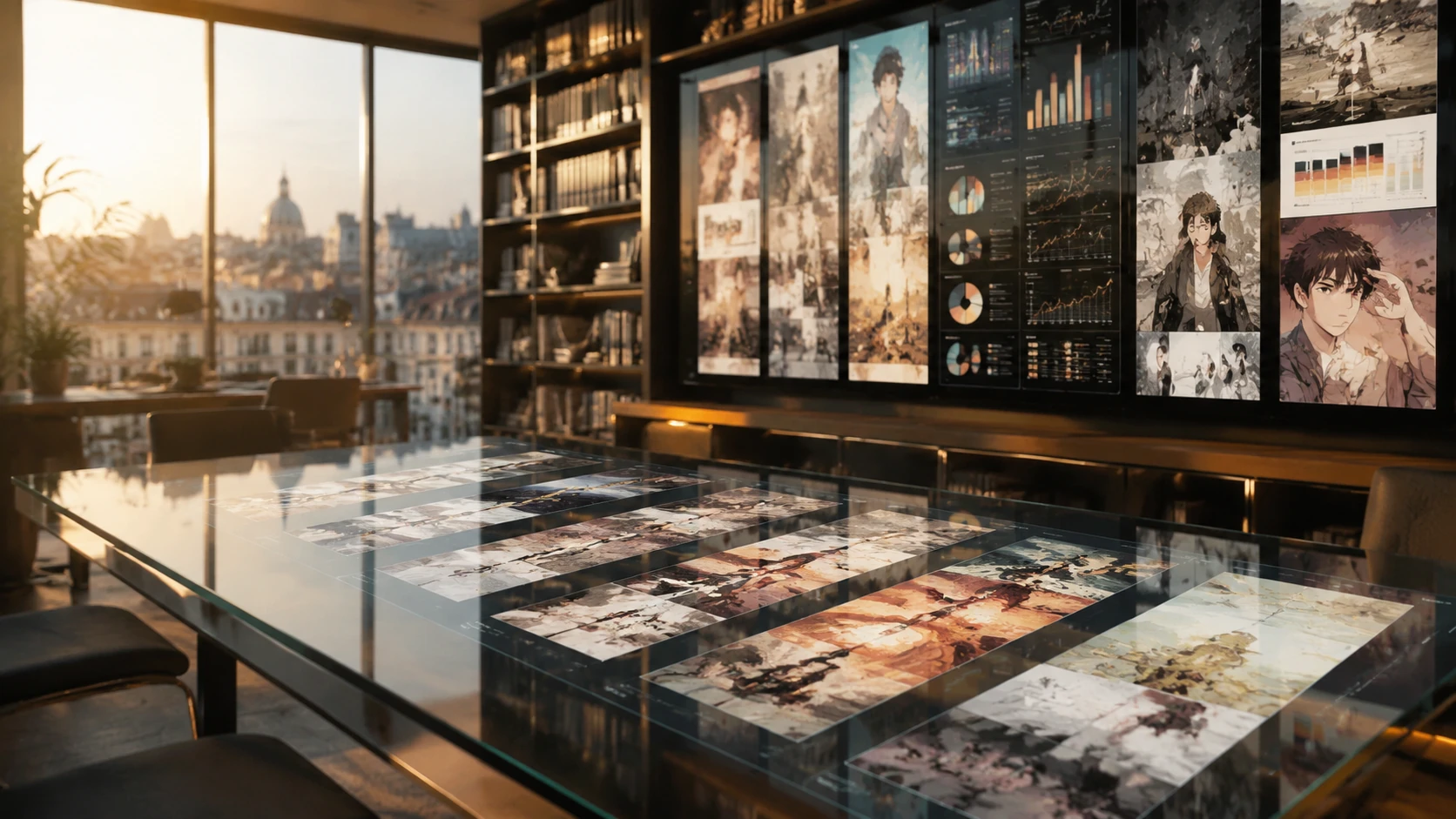Vue grand angle d'une salle de rédaction moderne avec des écrans affichant des storyboards verticaux et des tendances de lecture numérique.