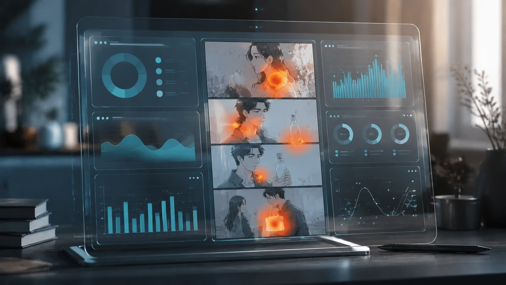 A high-tech digital dashboard displaying a webtoon panel with heatmaps indicating narrative-consistent areas for product placement and brand