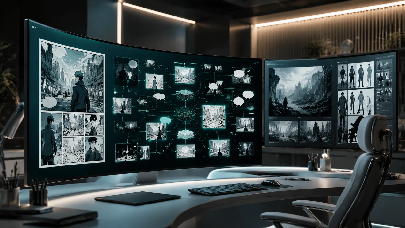 A professional creator workstation in 2026 featuring a modular comic panel deconstruction across multiple ultra-wide monitors, emphasizing l