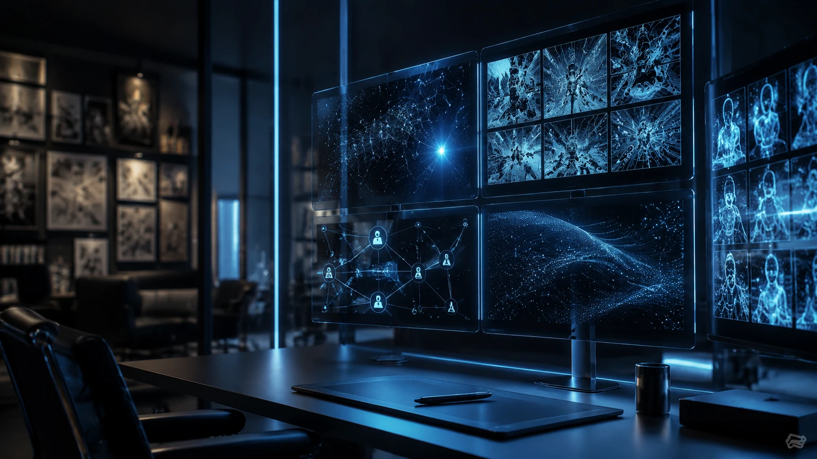 Futuristische Überwachungs-Konsole für digitales IP-Management mit abstrakten Datenströmen und Comic-Panel-Fragmenten in tiefem Blau und Sil