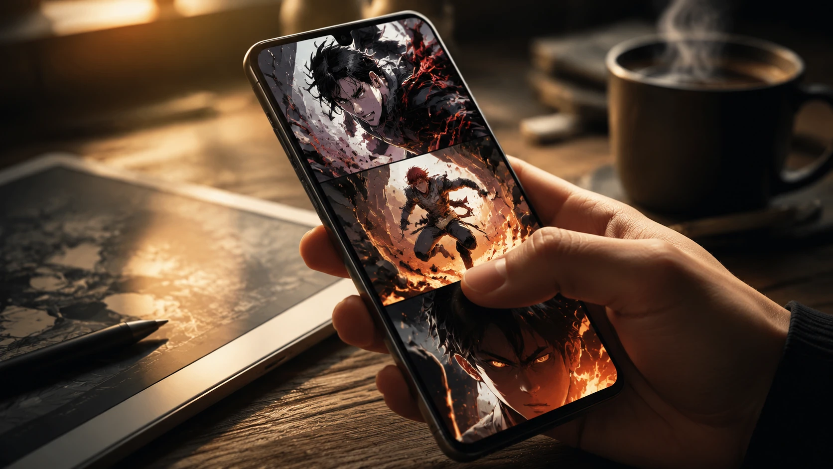 Close-up of a hand holding a high-end smartphone displaying a fast-scrolling micro-webtoon in a modern setting
