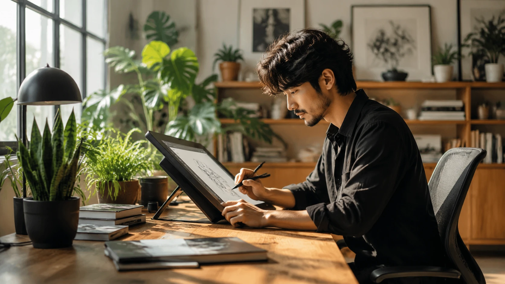 A serene, modern studio filled with natural light, featuring a professional creator in a healthy workspace with plants and ergonomic tools.