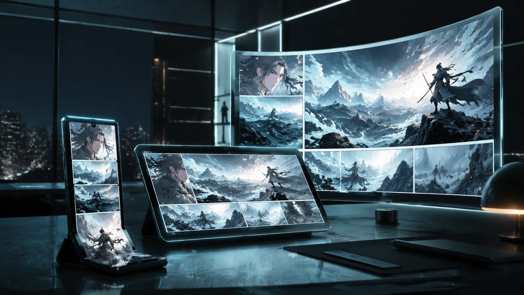 Futuristische Arbeitsstation mit mehreren Bildschirmen, die adaptive Webtoon-Layouts auf verschiedenen Geräten zeigen.