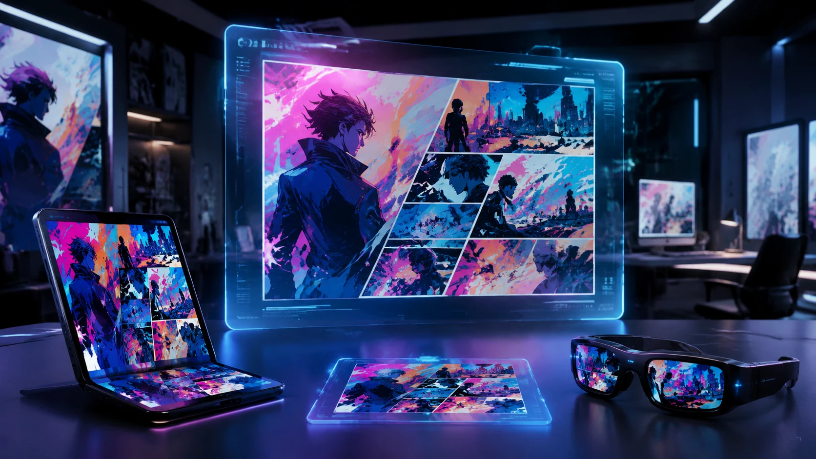 A futuristic workspace with multiple transparent holographic screens showing a single comic panel automatically reflowing and adjusting its 