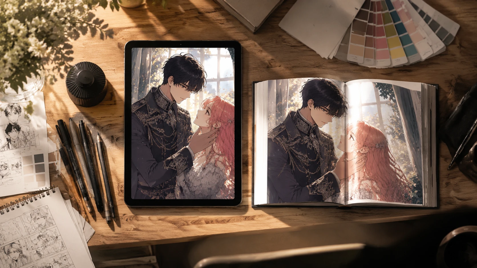 A high-end overhead flat lay of a minimalist designer desk featuring a sleek digital tablet showing a webtoon and a premium printed physical