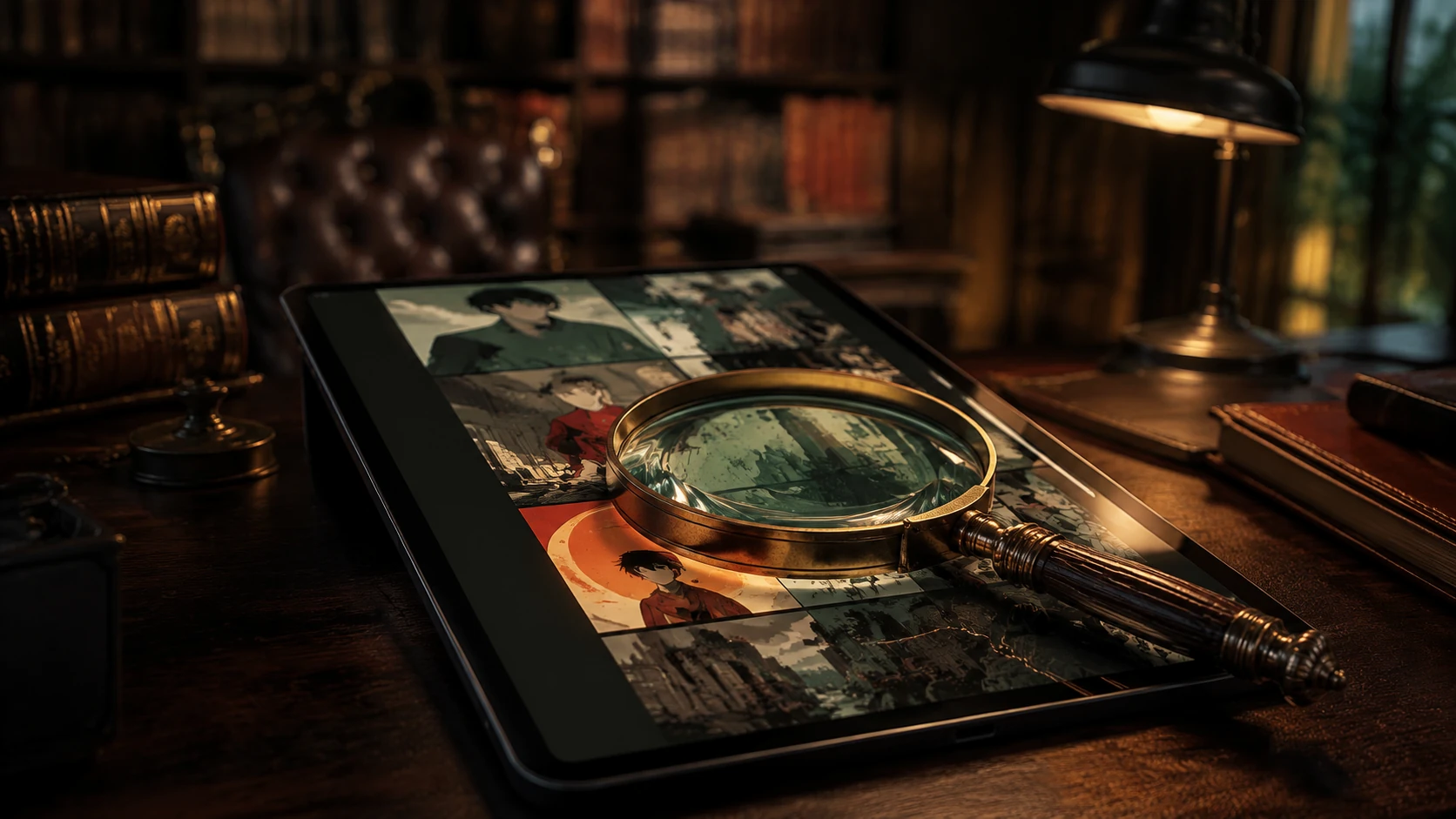 Ein hochwertiges Vergrößerungsglas auf einem digitalen Tablet in einer klassischen Bibliothek, das die Verbindung von Tradition und digitale