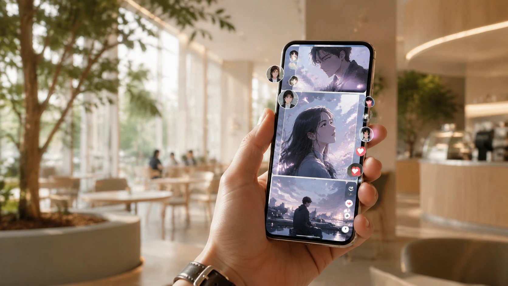 Ein modernes Smartphone zeigt einen Webtoon mit schwebenden Live-Reaktions-Emojis und einem dezenten Social-Chat-Overlay in einem hellen Caf