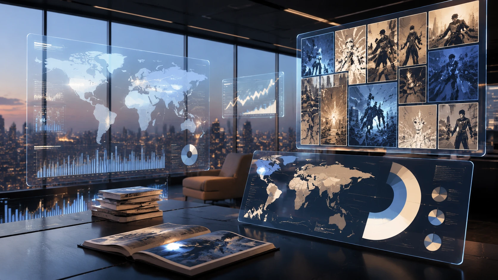 A futuristic digital newsroom with large screens displaying complex revenue charts, comic panel segments, and global market data in a sophis