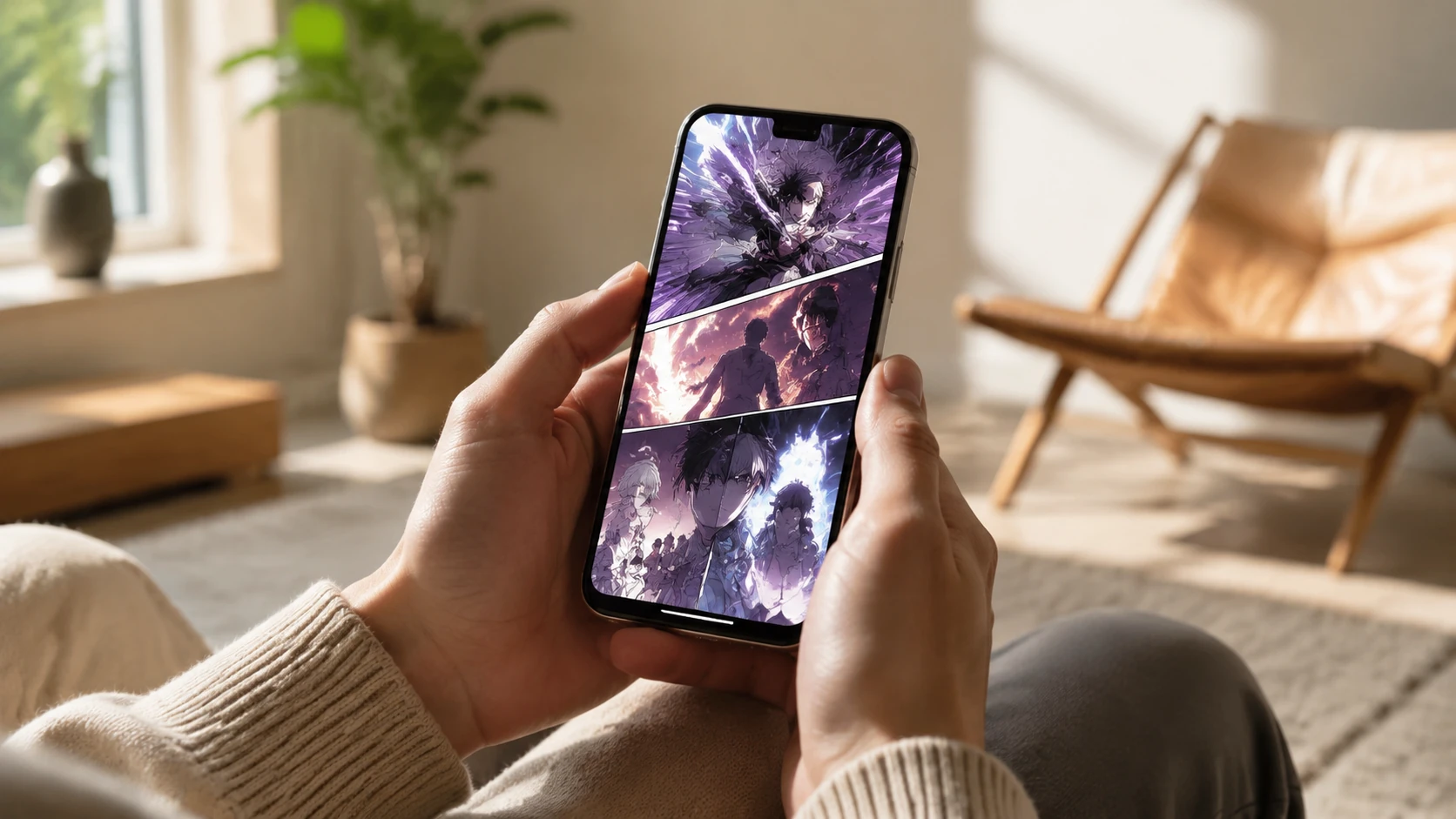 Een persoon in een modern Nederlands interieur die een verticale webtoon leest op een smartphone, met zacht natuurlijk daglicht.