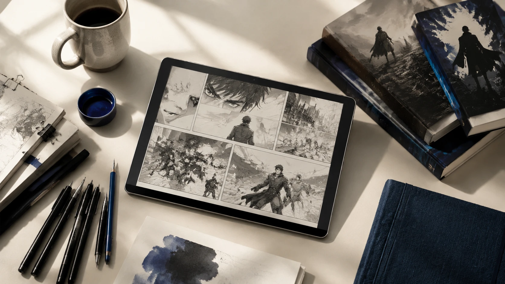 Overhead view of a professional creator's workspace with a tablet, ink pens, and storyboard sketches.