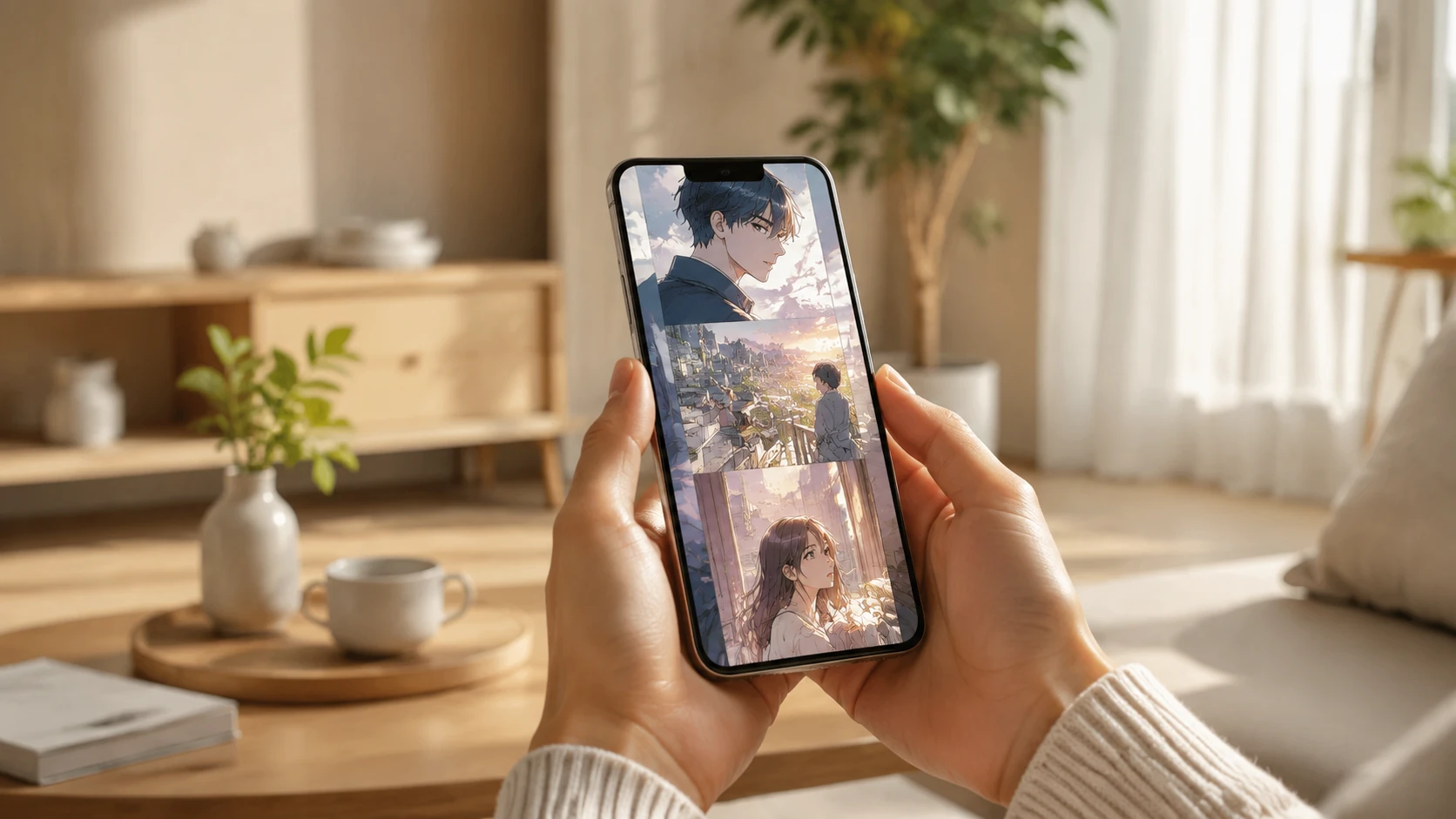 En person som läser en webtoon på sin smartphone i en ljus, modern svensk hemmiljö