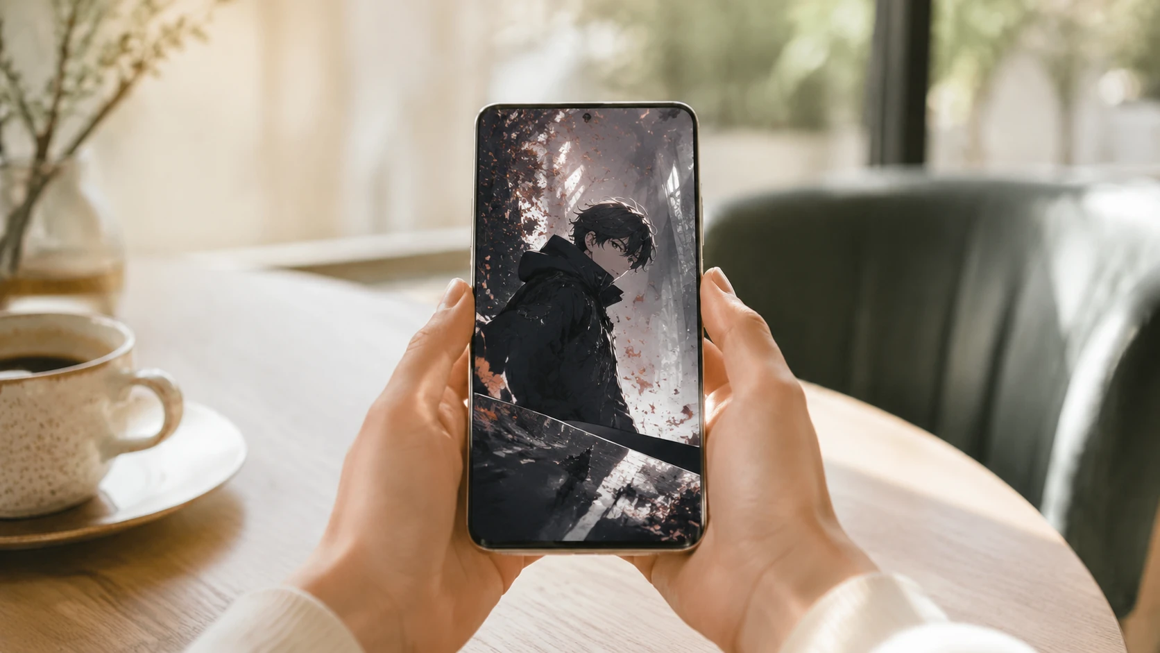 Seorang pembaca sedang menikmati webtoon interaktif pada smartphone di sebuah kafe modern dengan pencahayaan alami yang lembut.