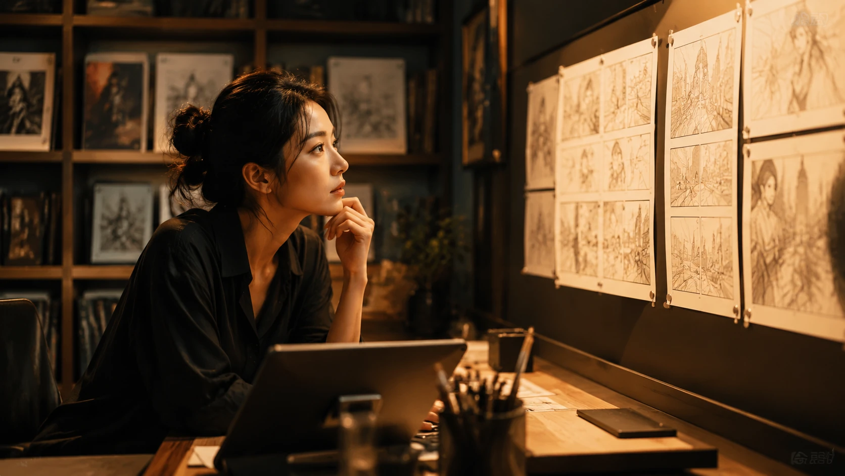 En professionel uafhængig tegneserieskaber i et lyst, moderne studie, der reflekterer over sine storyboards i et premium redaktionelt miljø.