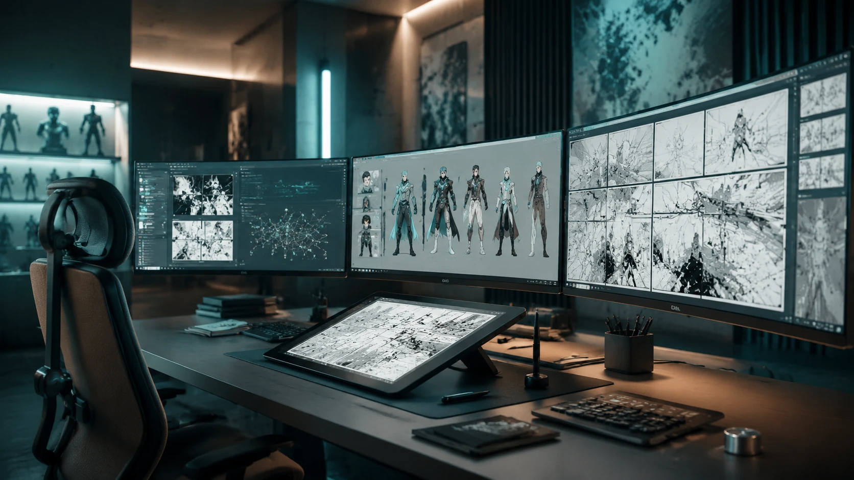 Futuristisk arbejdsstation med flere skærme, der viser AI-genererede storyboards og abstrakte tegneprocesser i et moderne dansk studie.