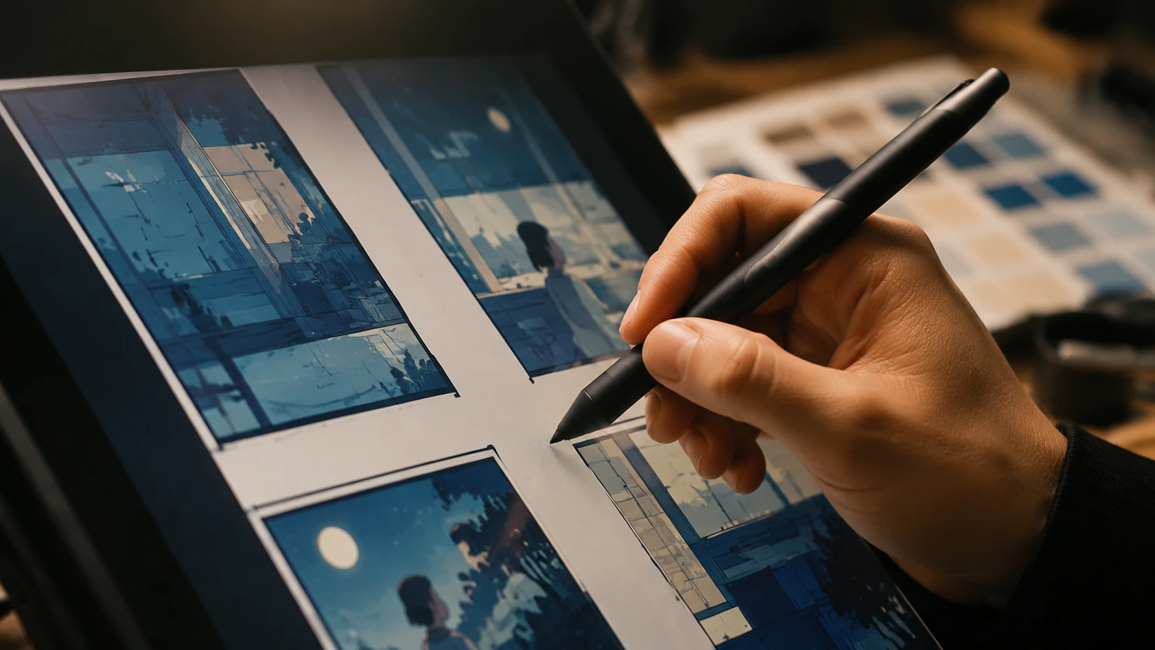 Macro detail of a digital artist's hand precisely adjusting vertical panel spacing on a high-resolution tablet, showing clean panel borders 