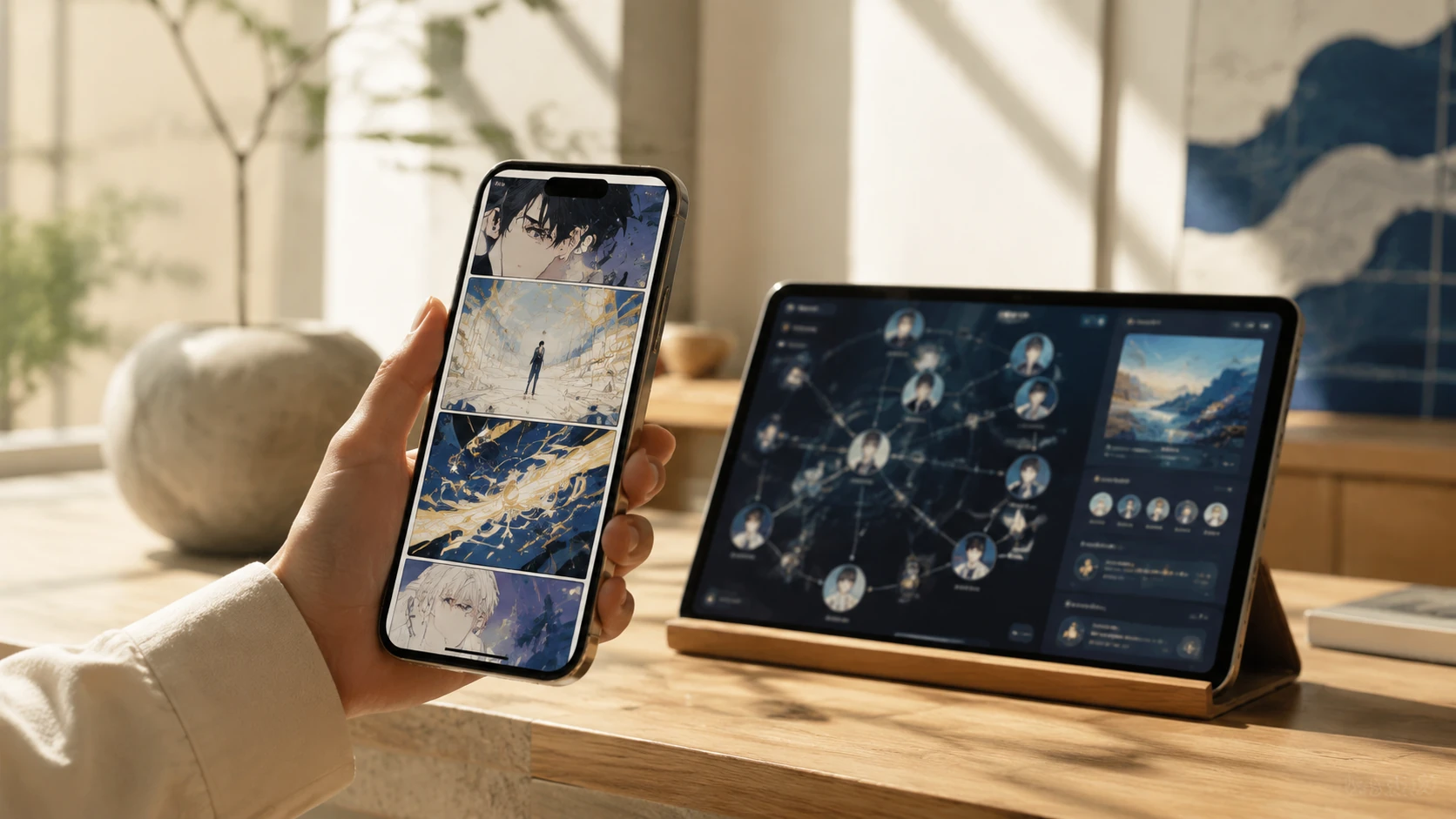 A high-end lifestyle photography shot of a modern living room where a smartphone displays a webtoon and a nearby tablet shows a synchronized