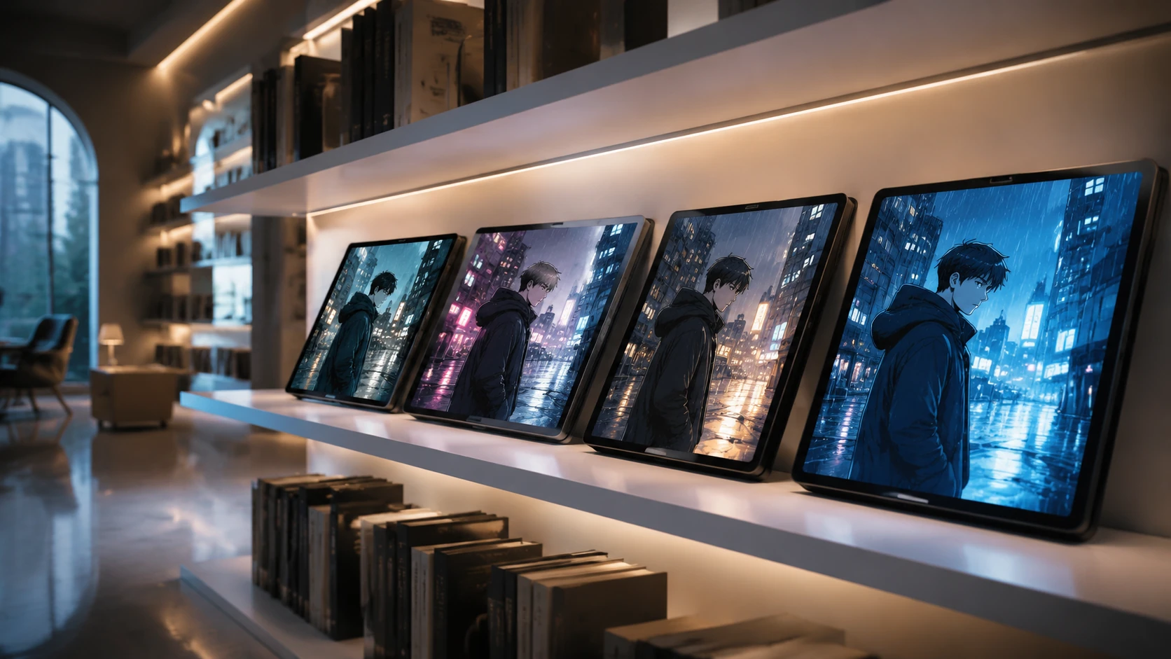 Digitale tablets på minimalistiske hylder, der viser forskellige sprogversioner af den samme tegneserie