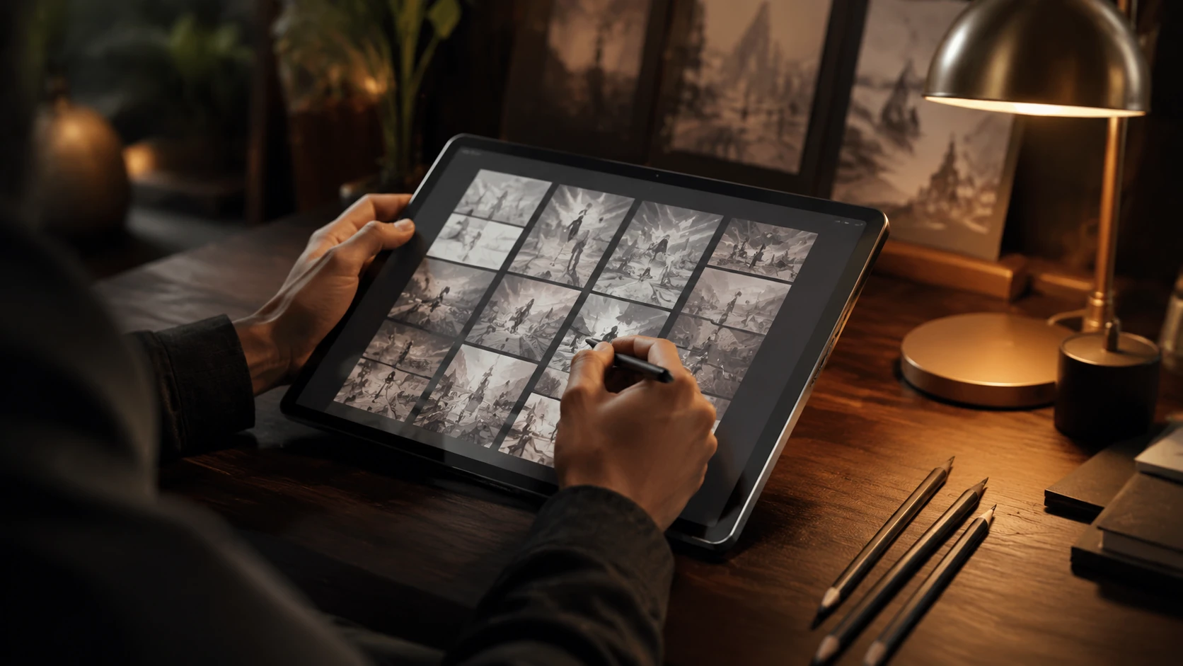 Close-up van een professionele maker die digitale storyboards beoordeelt op een minimalistisch bureau met warm licht.