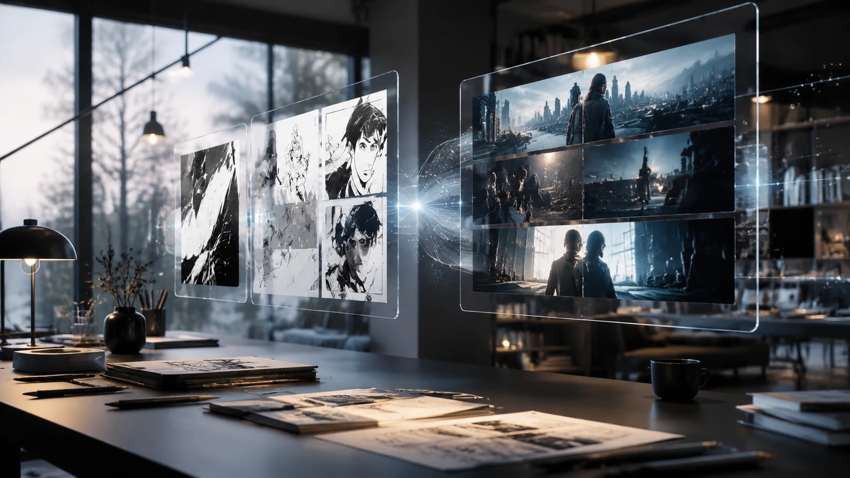 En moderne redaktionsvæg med digitale skærme, der viser overgangen fra vertikale webtoon-paneler til filmiske storyboards i høj kvalitet.