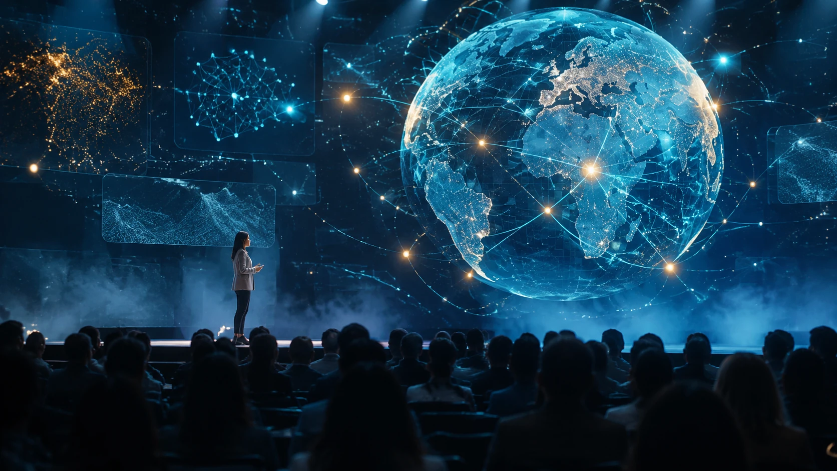 A futuristic digital globe display on a keynote stage showing interconnected translation nodes across continents with a silhouette of a pres