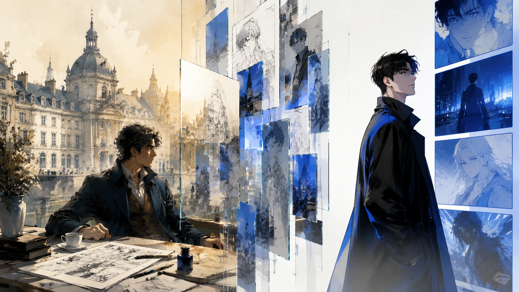 A high-end split-screen composition showing the fusion of European comic art and digital webtoon layouts