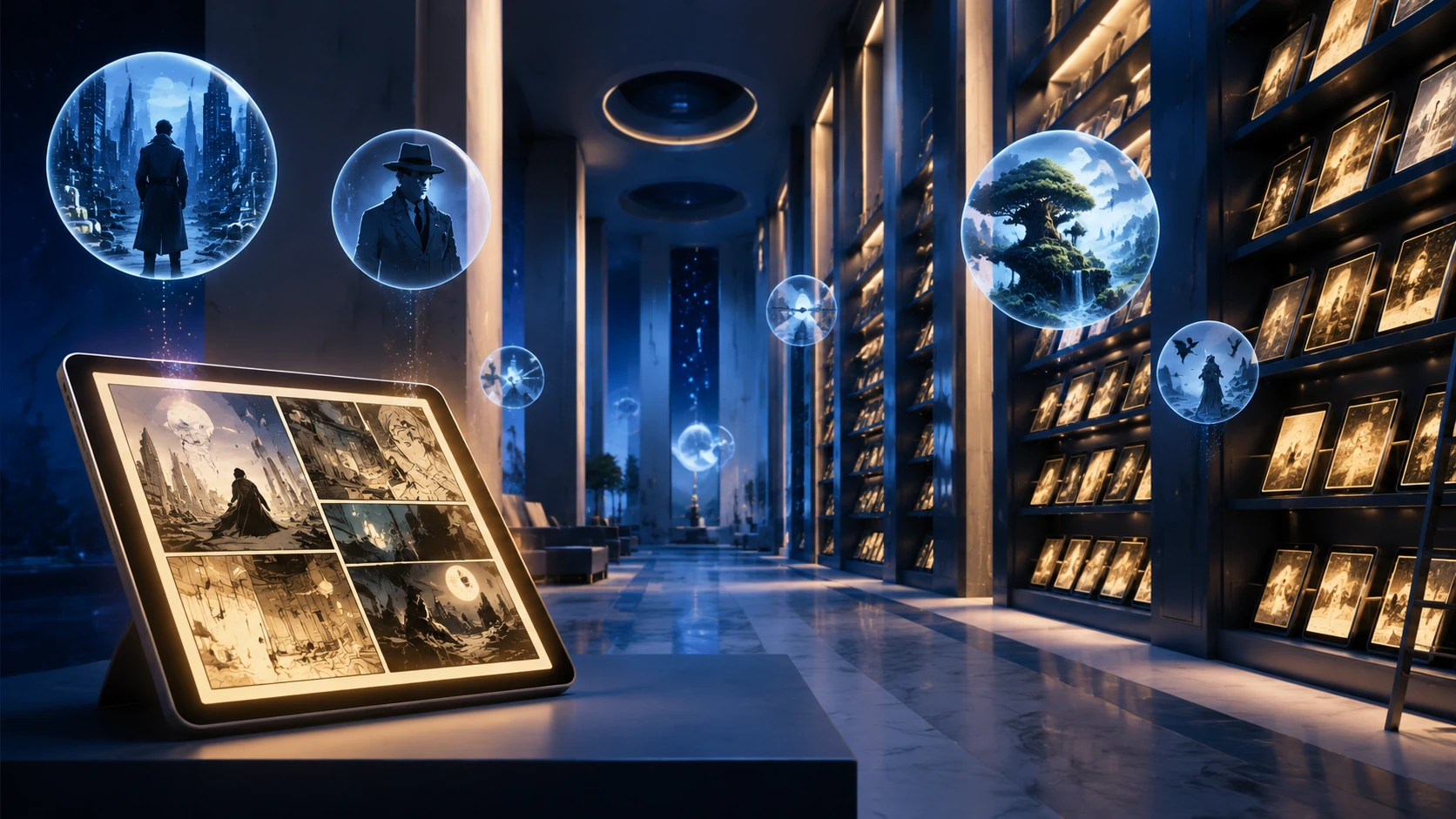 Een sfeervolle digitale bibliotheek met zwevende, gloeiende panelen die verschillende niche-genres van webtoons vertegenwoordigen.