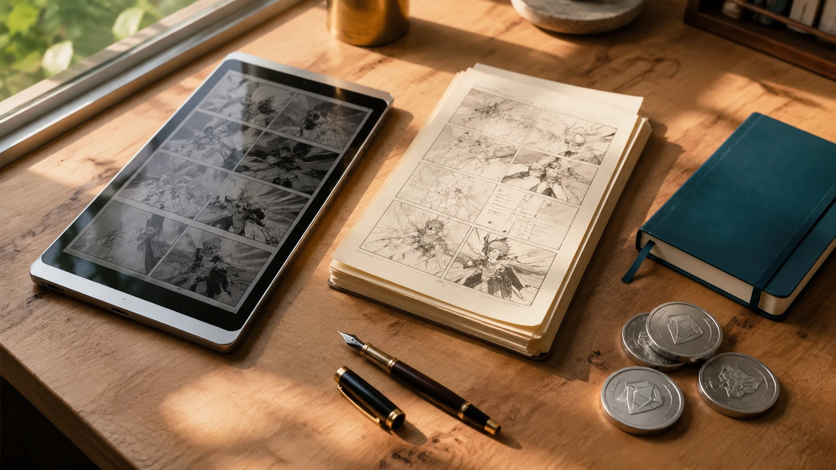 Overhead flat lay af en professionel tegners arbejdsstation med tablet, noter og mønter der symboliserer digital valuta