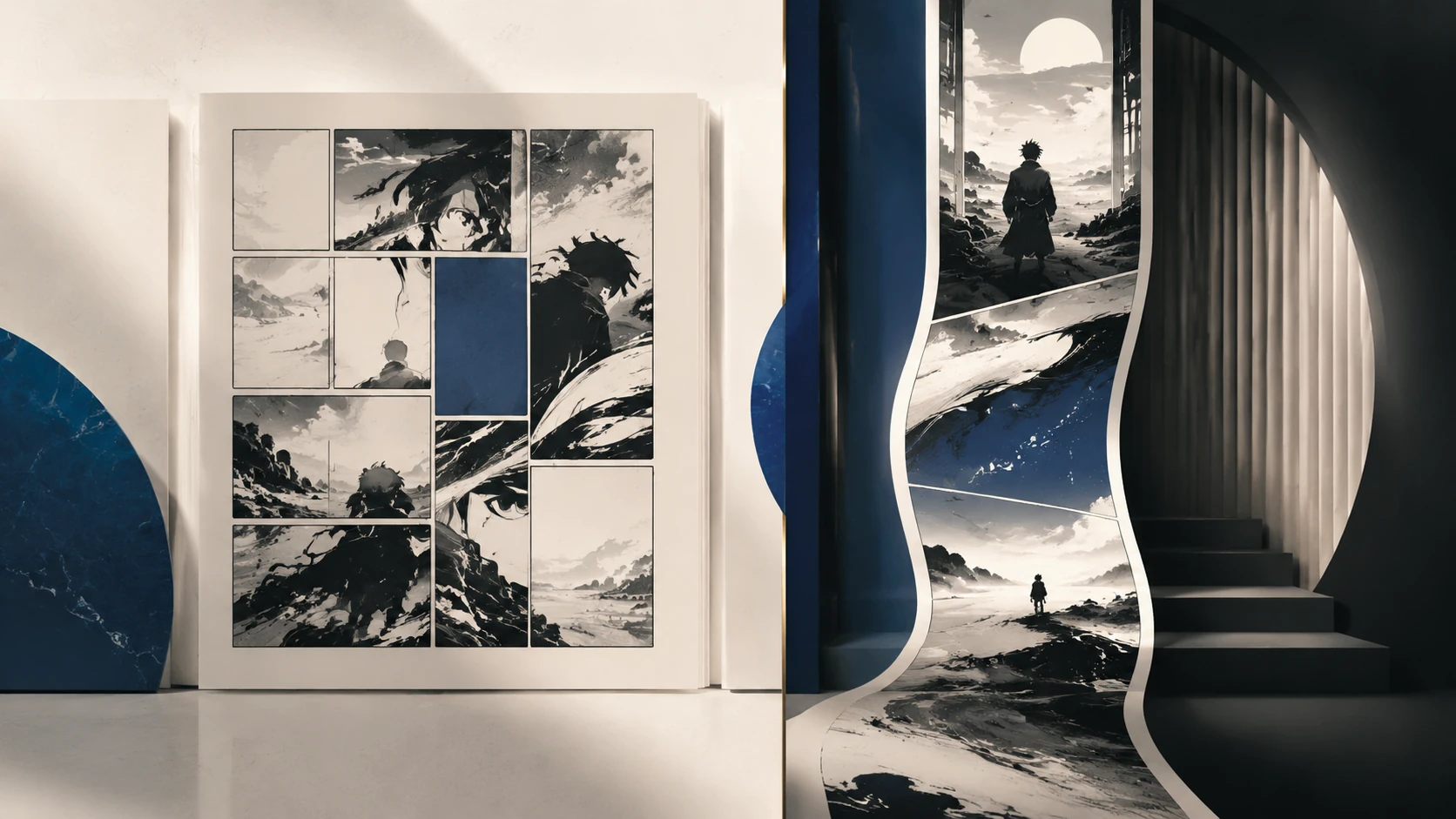 Abstrakt split-screen komposition der viser flowet mellem forskellige tegneserieformater i et moderne redaktionelt design.
