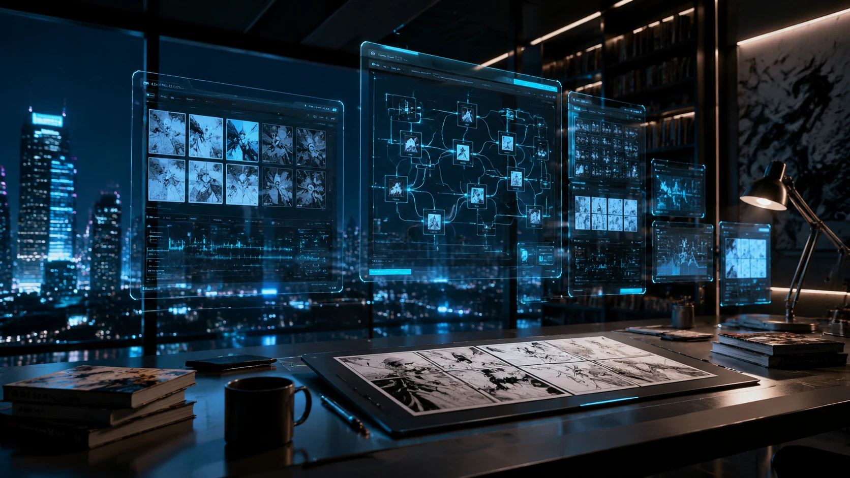 Futuristic digital workspace showing a complex production dashboard with multiple screens and floating AI assist modules