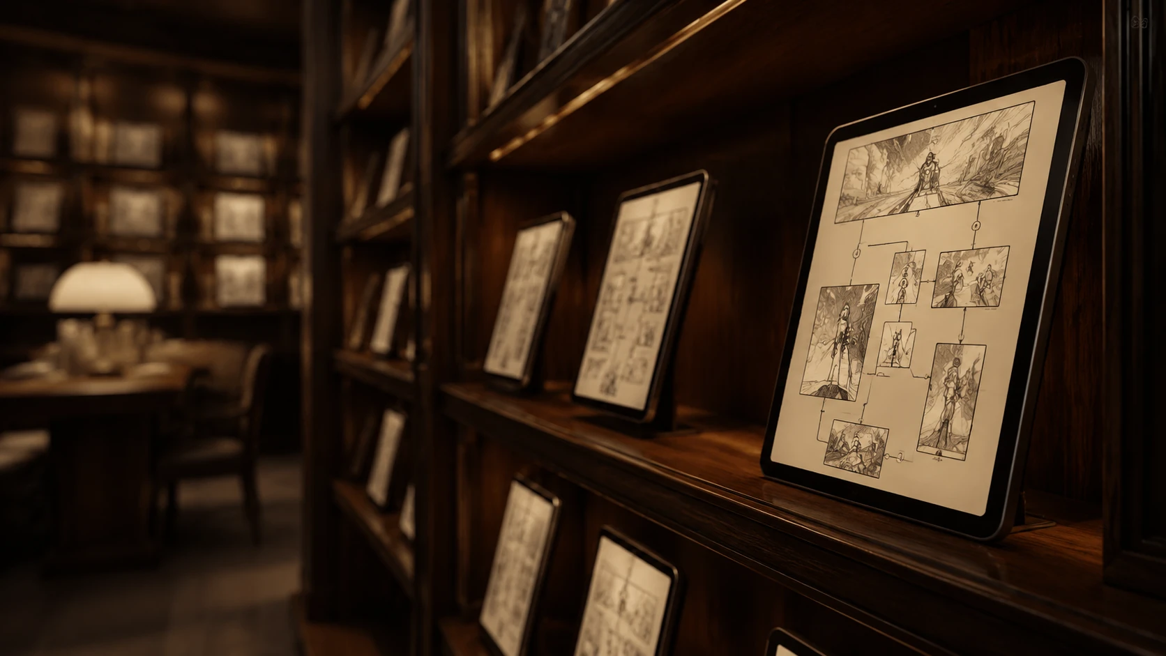 Et elegant moderne arkiv med digitale tegneserier, hvor tablets lyser svagt op på mørke træhylder i et sofistikeret biblioteksmiljø.
