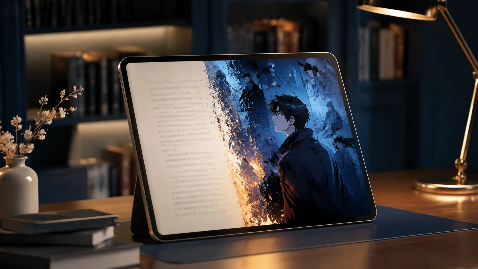 Een elegante digitale bibliotheekinterface op een tablet, waarbij tekstpagina's vloeiend overgaan in levendige webtoon-panels.