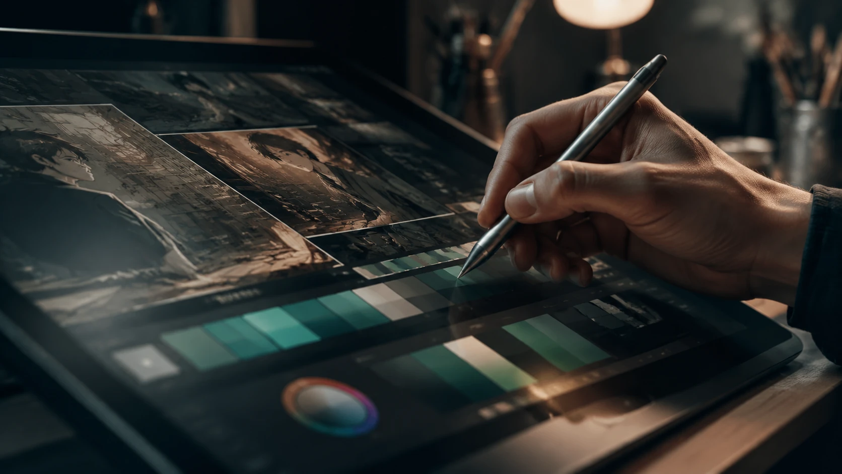 Makrodetalje af en professionel tegnerhånd, der arbejder med digitale farveprøver og farveskemaer på en tablet.