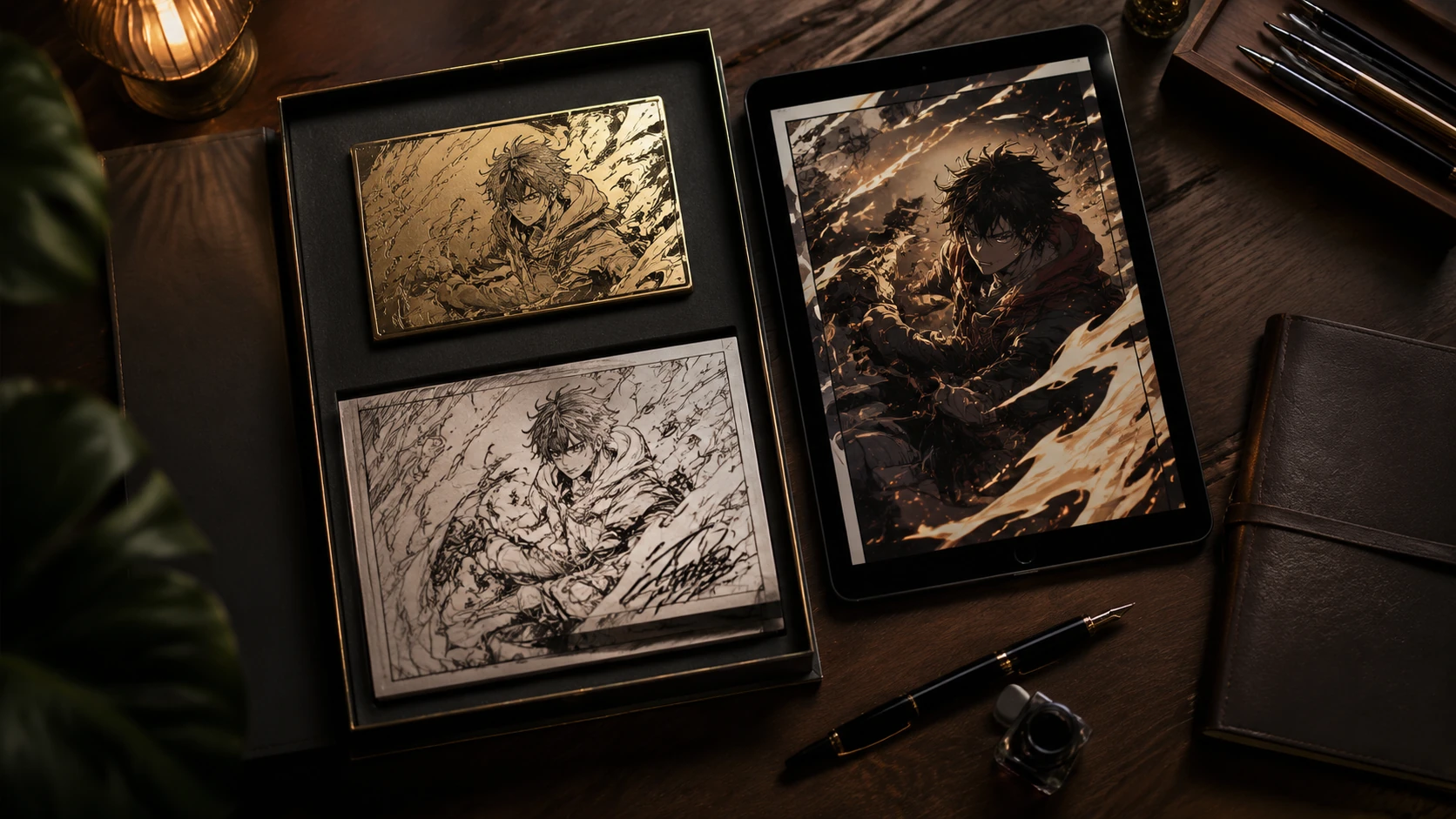 A luxury overhead flat lay showing a limited edition manga collector's set with a physical certificate of authenticity, an ink pen, and a ta