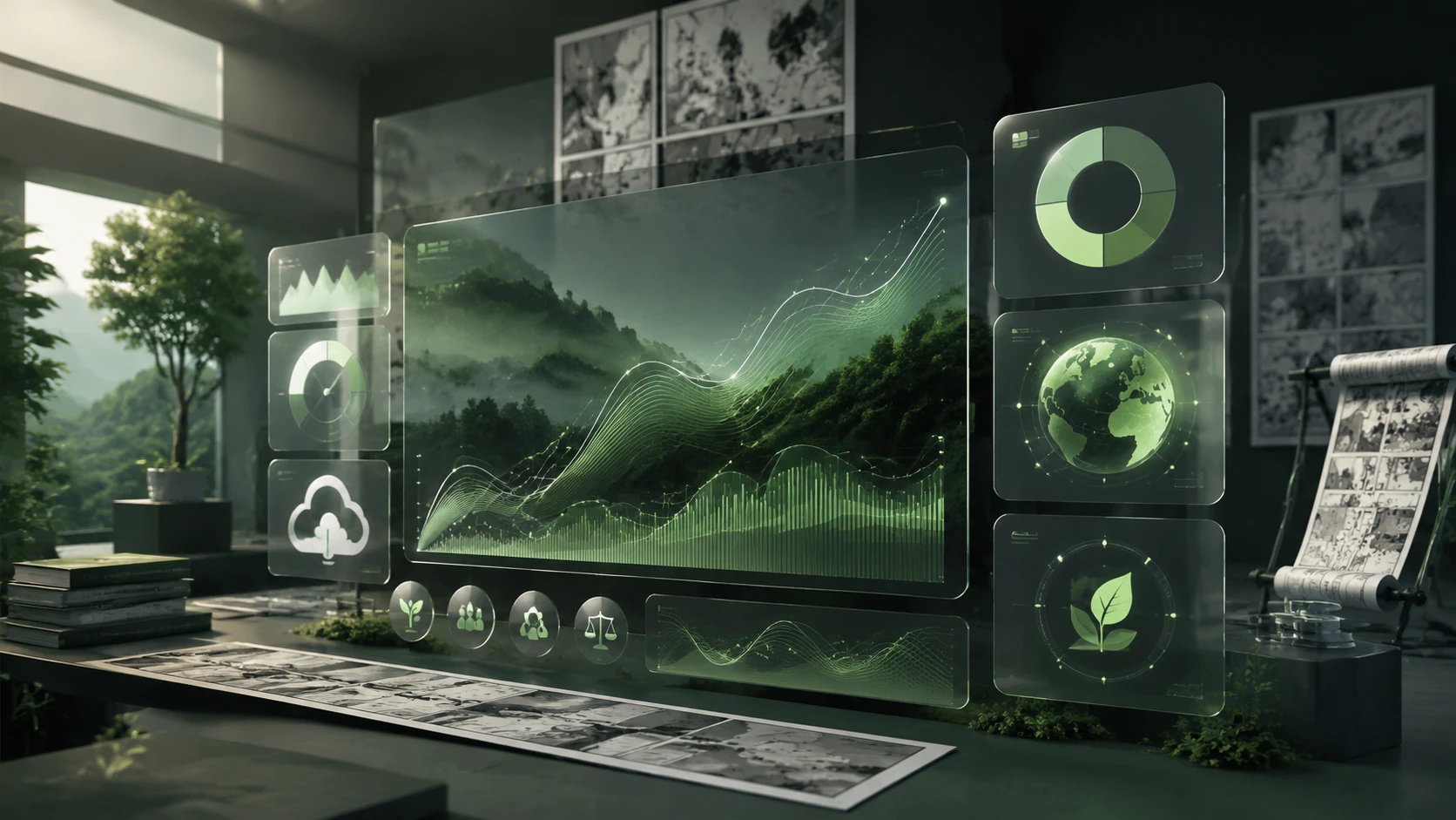 A sophisticated digital dashboard showing sustainability metrics for a comic IP, featuring glassmorphism charts and abstract green-tinted co