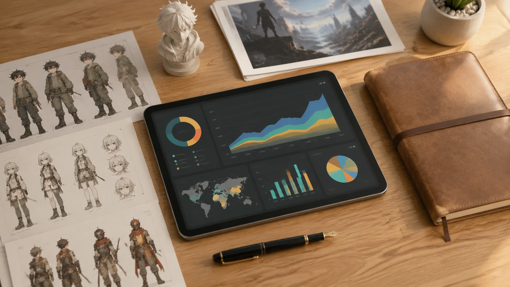 A professional creator's desk with a tablet showing a licensing dashboard, contract drafts, and character merchandise, symbolizing independe