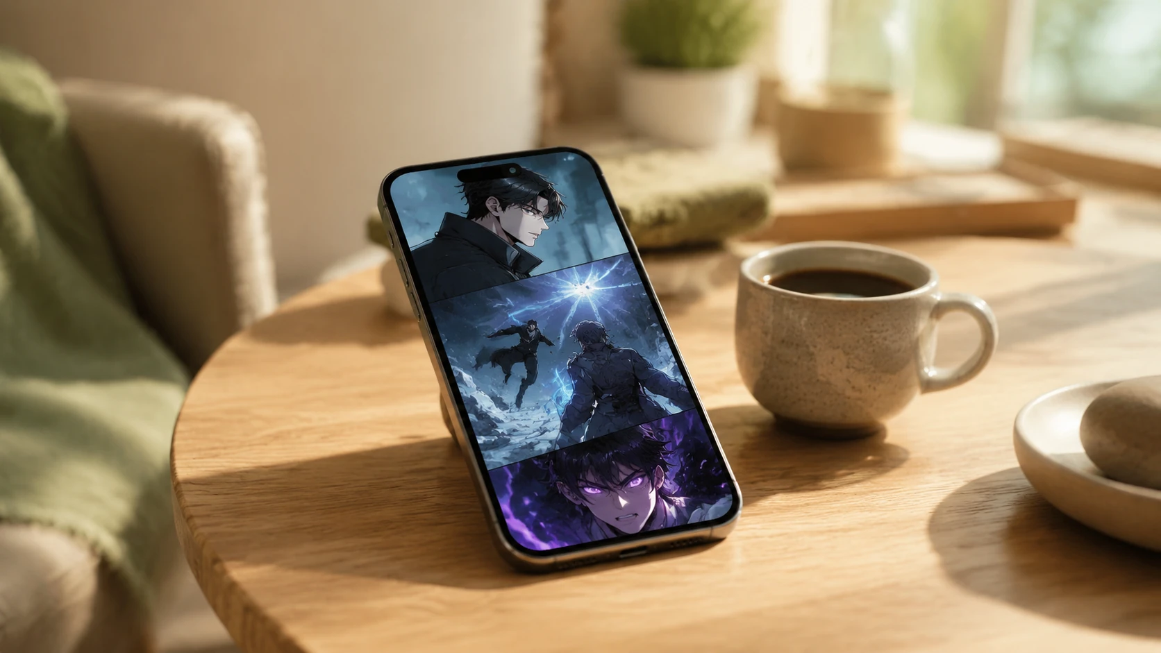 Elegant smartphone på et minimalistisk bord der viser en farverig webtoon i et blødt dagslys