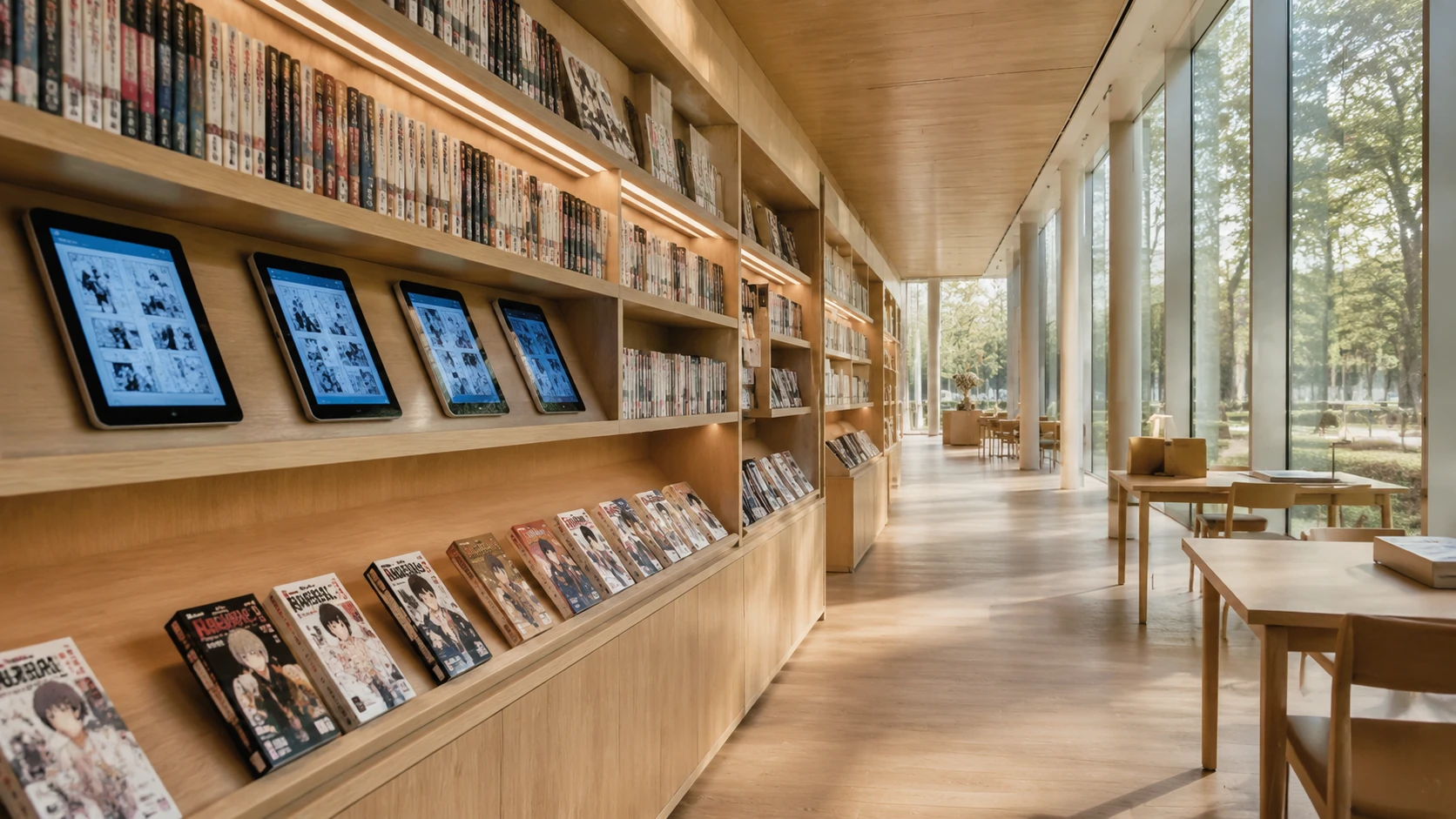 Et moderne dansk biblioteksinteriør med fokus på en kurateret sektion af manga og webtoons med digitale display-skærme.