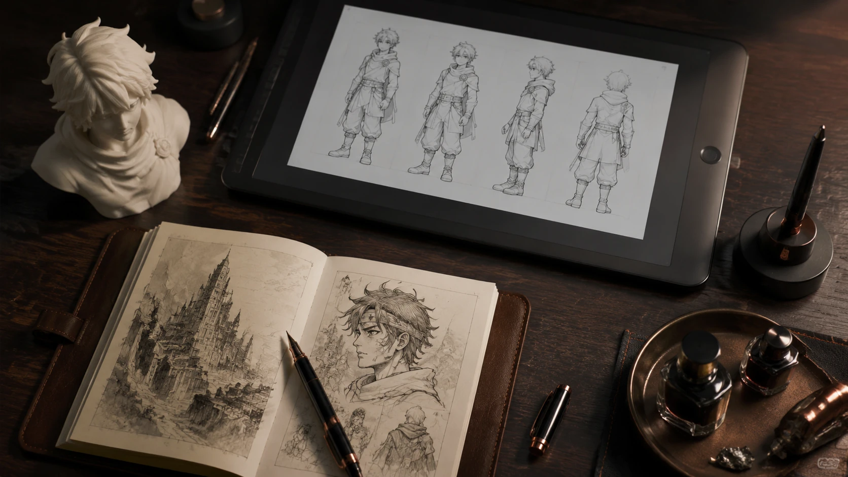 A sophisticated overhead flat lay showing a creator's workspace with high-end stationery, a digital tablet displaying character designs, and