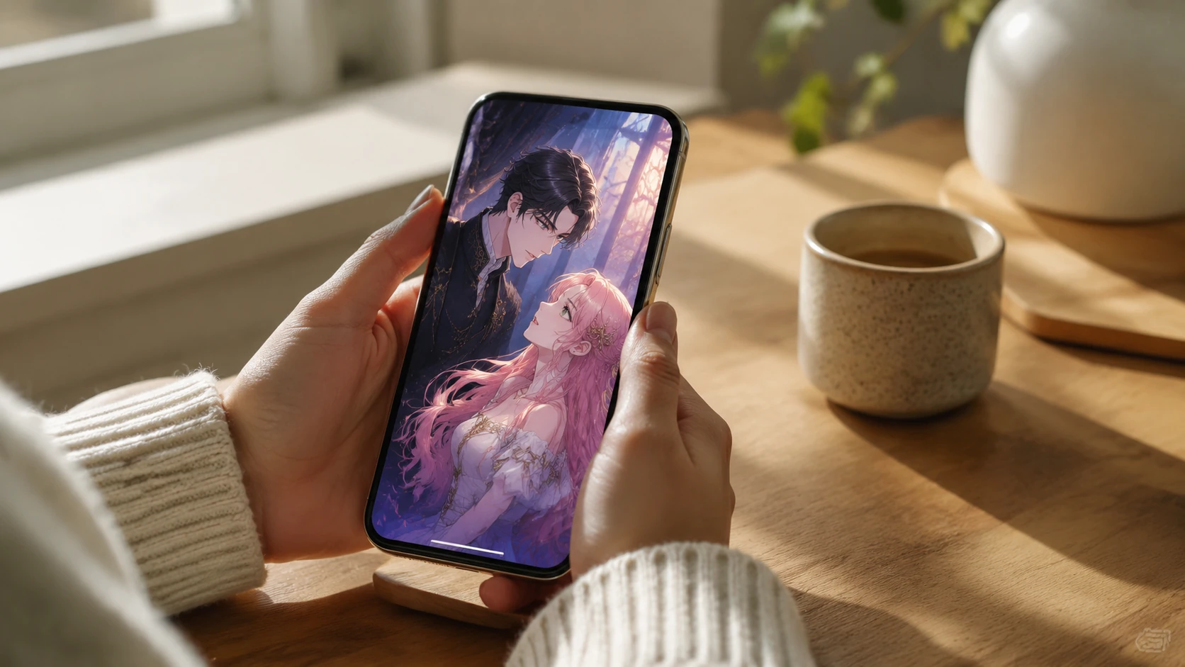 En person læser en visuelt rig webtoon på en moderne smartphone i blødt dagslys, fokuseret på de ordløse paneler.