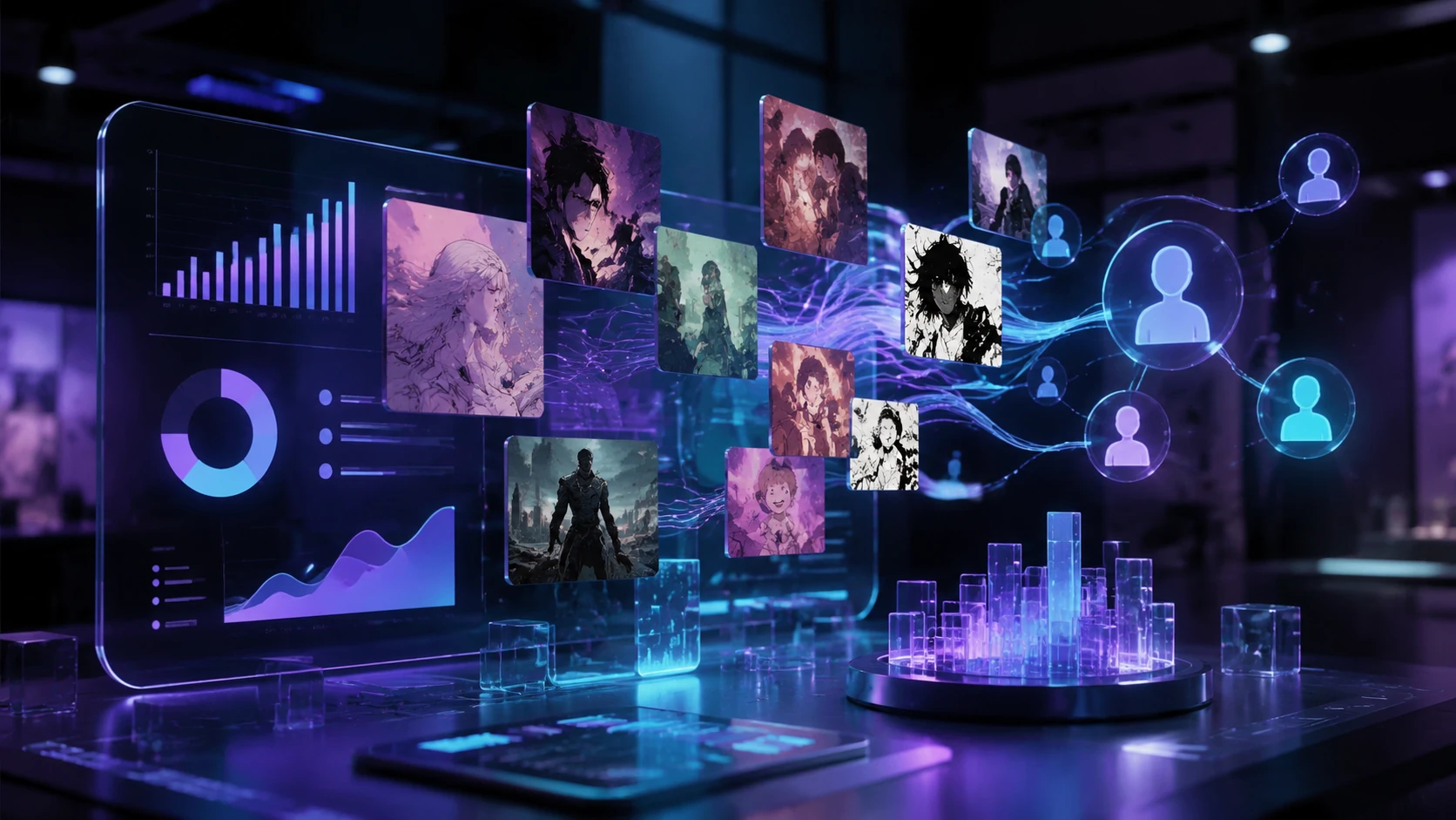 Abstract visualization of a narrative micro-market with glassmorphism data charts and floating comic panels