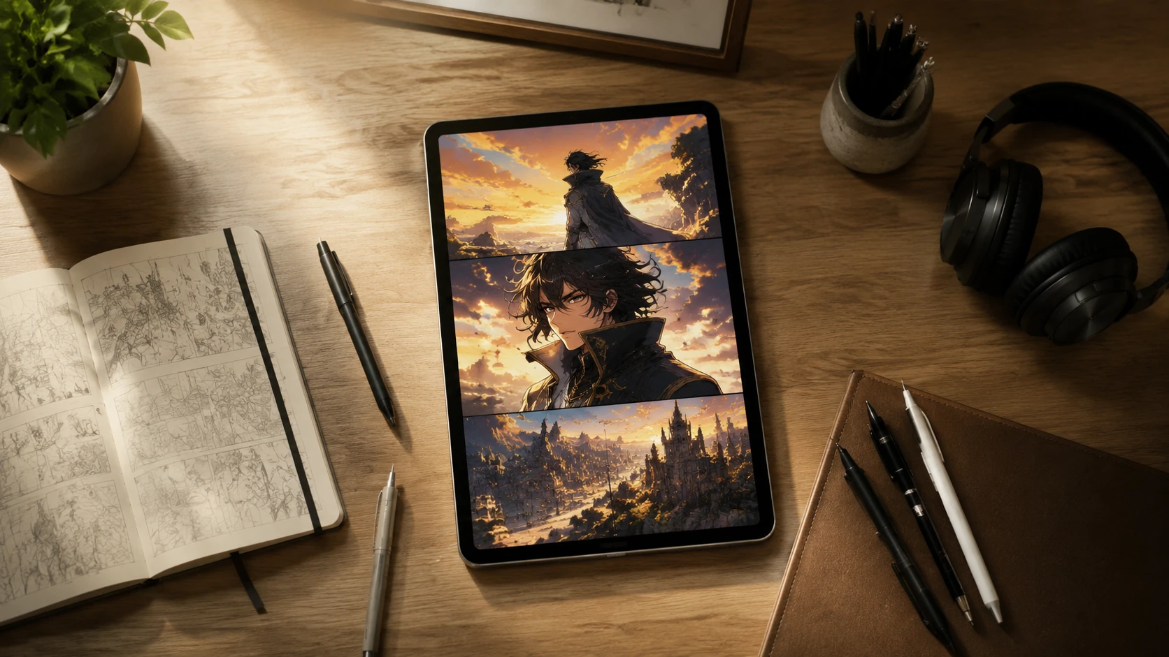 Overhead bovenaanzicht van een minimalistische werkplek met een tablet die een verticale webtoon toont naast traditionele schetsen en luxe t