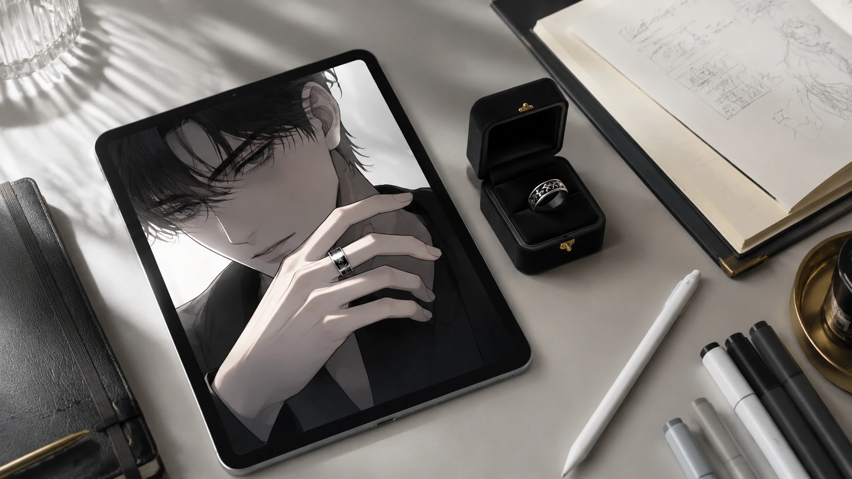 A high-end creator workspace showing a tablet with a webtoon panel next to its physical product prototype, highlighting the NCA concept.