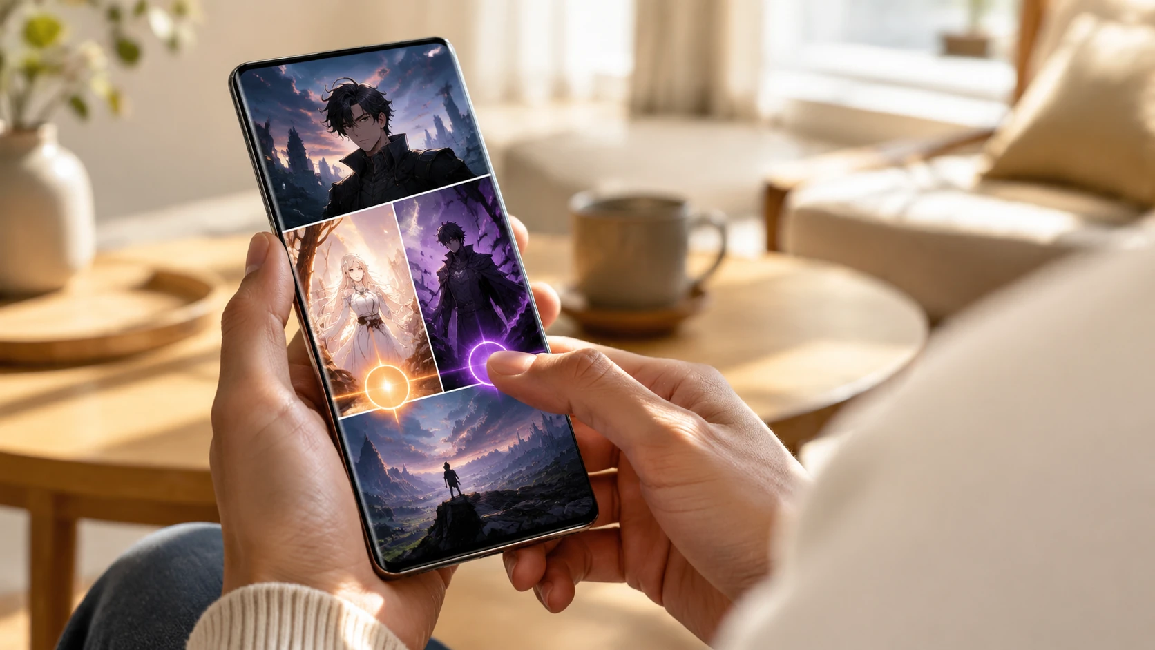 Een persoon houdt een moderne smartphone vast in een zachte daglichtomgeving, waarbij een webtoon met interactieve knoppen en visuele effect