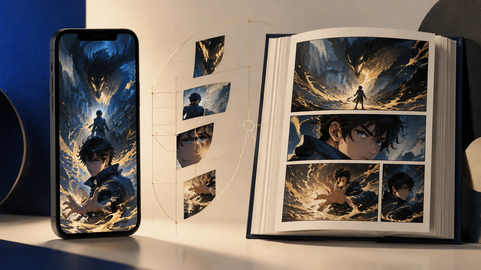 En split-screen komposisjon som viser en smarttelefon med vertikal webtoon og en åpen tegneseriebok med tradisjonelle ruter.